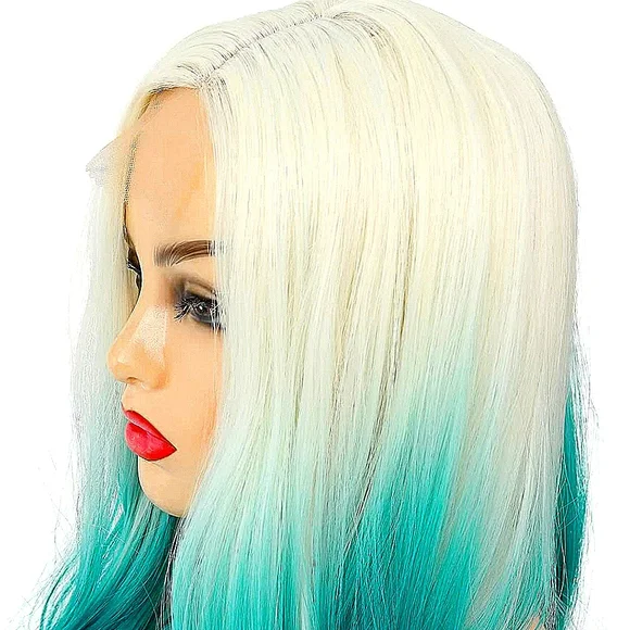 Platinum Blonde Blue Aqua Ombre 22 inch Lace Front Wavey 